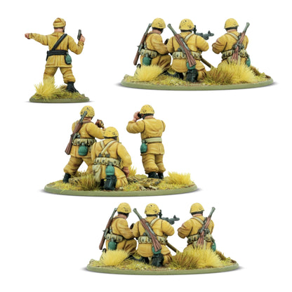 Italian Paracadutisti Heavy Weapons Platoon – od tyłu: detale mundurów M41, pasów i wyposażenia, 2x MMG Breda M37 i moździerz średni, skala 28mm Bolt Action
