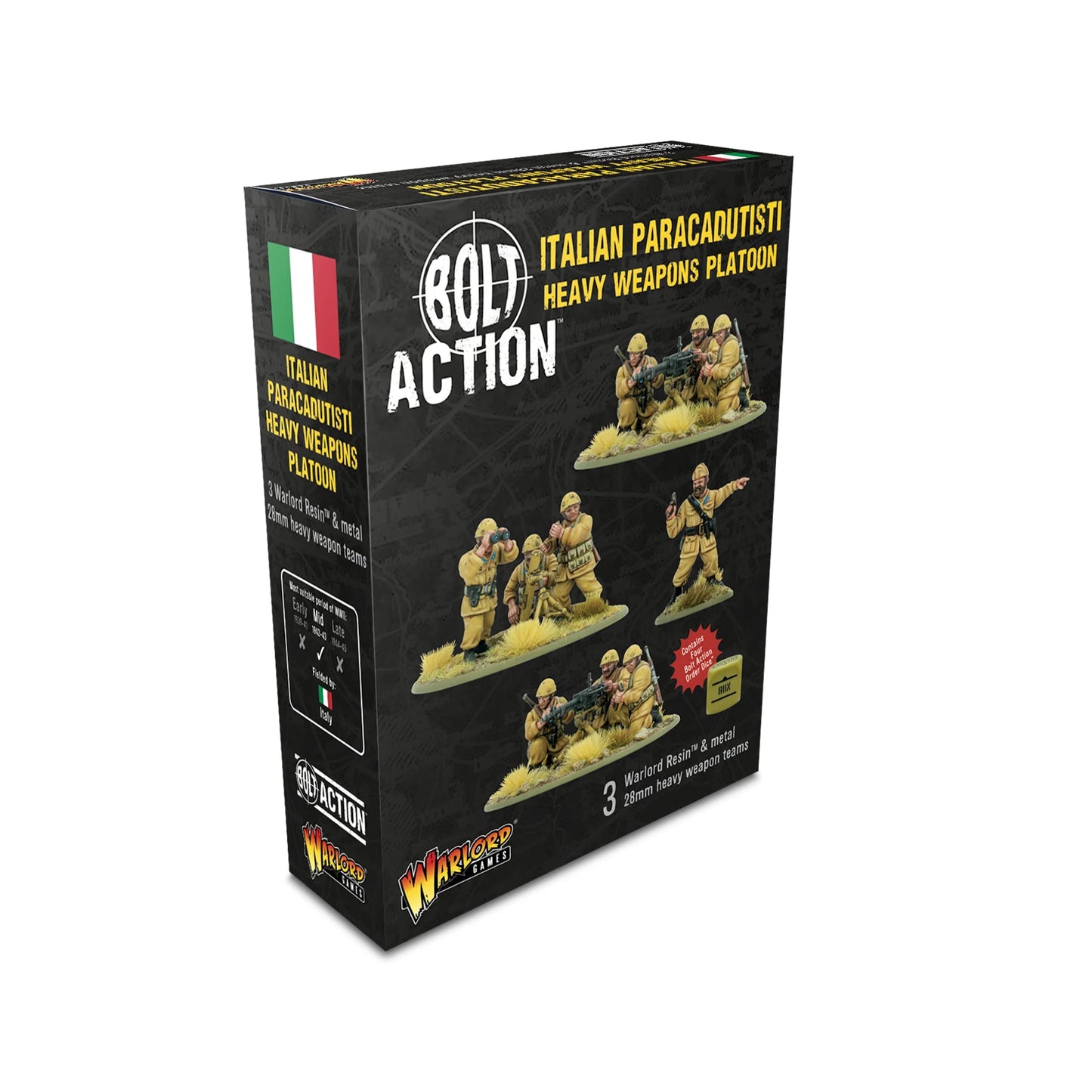 Italian Paracadutisti Heavy Weapons Platoon – pudełko zestawu Bolt Action: 3 żywiczne zespoły broni ciężkiej 28mm, Warlord Games, Mid WWII 1942-43
