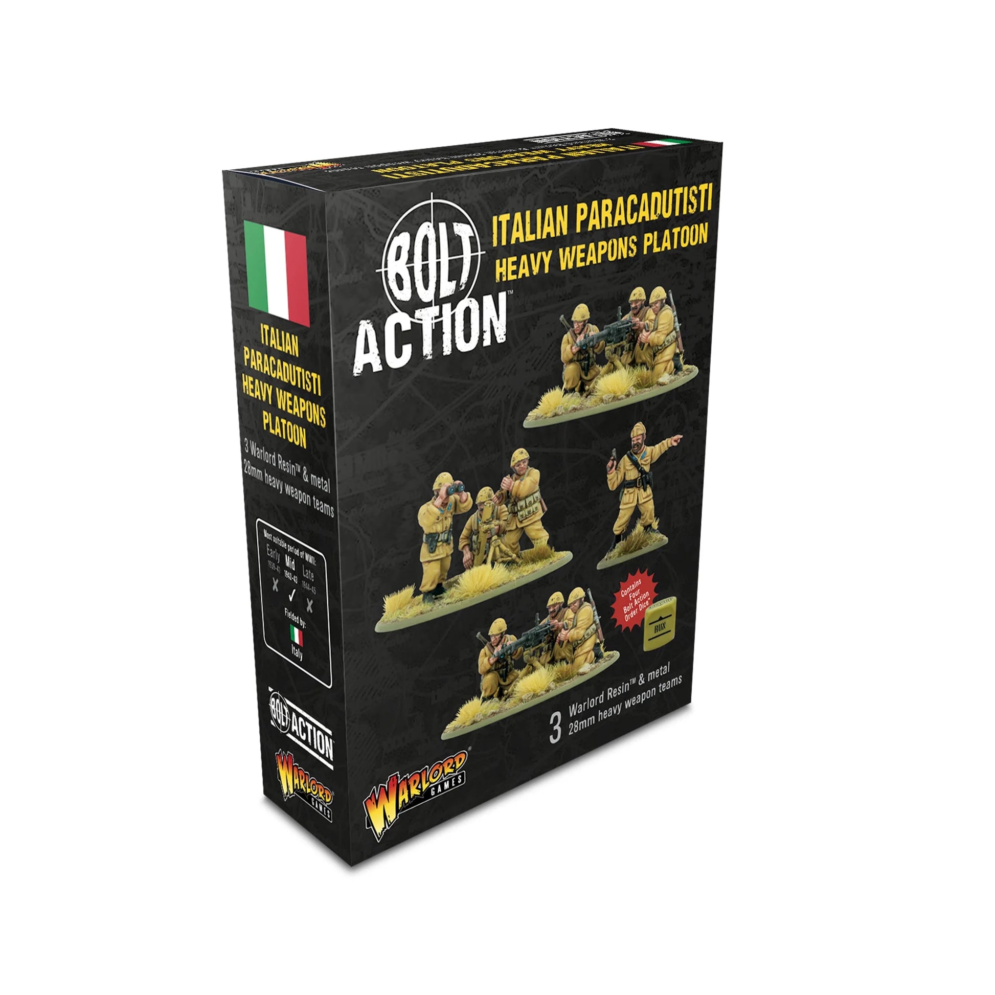 Italian Paracadutisti Heavy Weapons Platoon – pudełko zestawu Bolt Action: 3 żywiczne zespoły broni ciężkiej 28mm, Warlord Games, Mid WWII 1942-43
