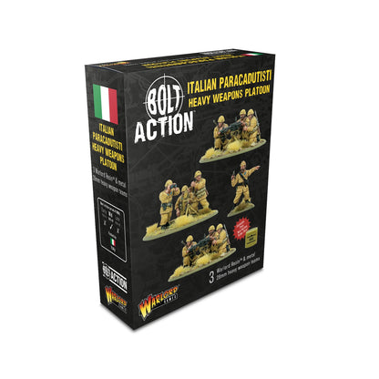 Italian Paracadutisti Heavy Weapons Platoon – pudełko zestawu Bolt Action: 3 żywiczne zespoły broni ciężkiej 28mm, Warlord Games, Mid WWII 1942-43
