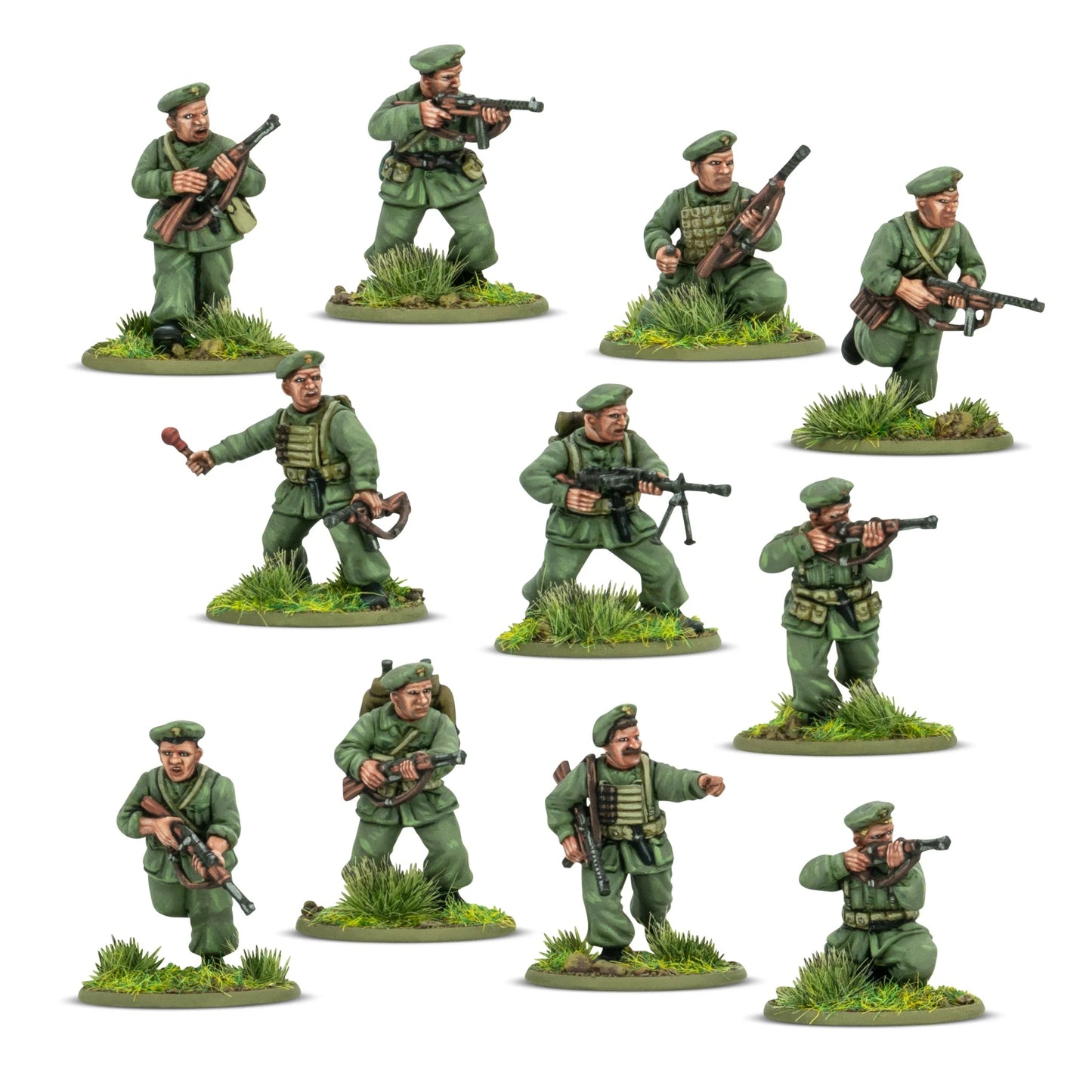 X Arditi – 11 figurek od frontu w zielonych mundurach i beretach: Beretta M38, LMG Breda, granat, skala 28mm Bolt Action
