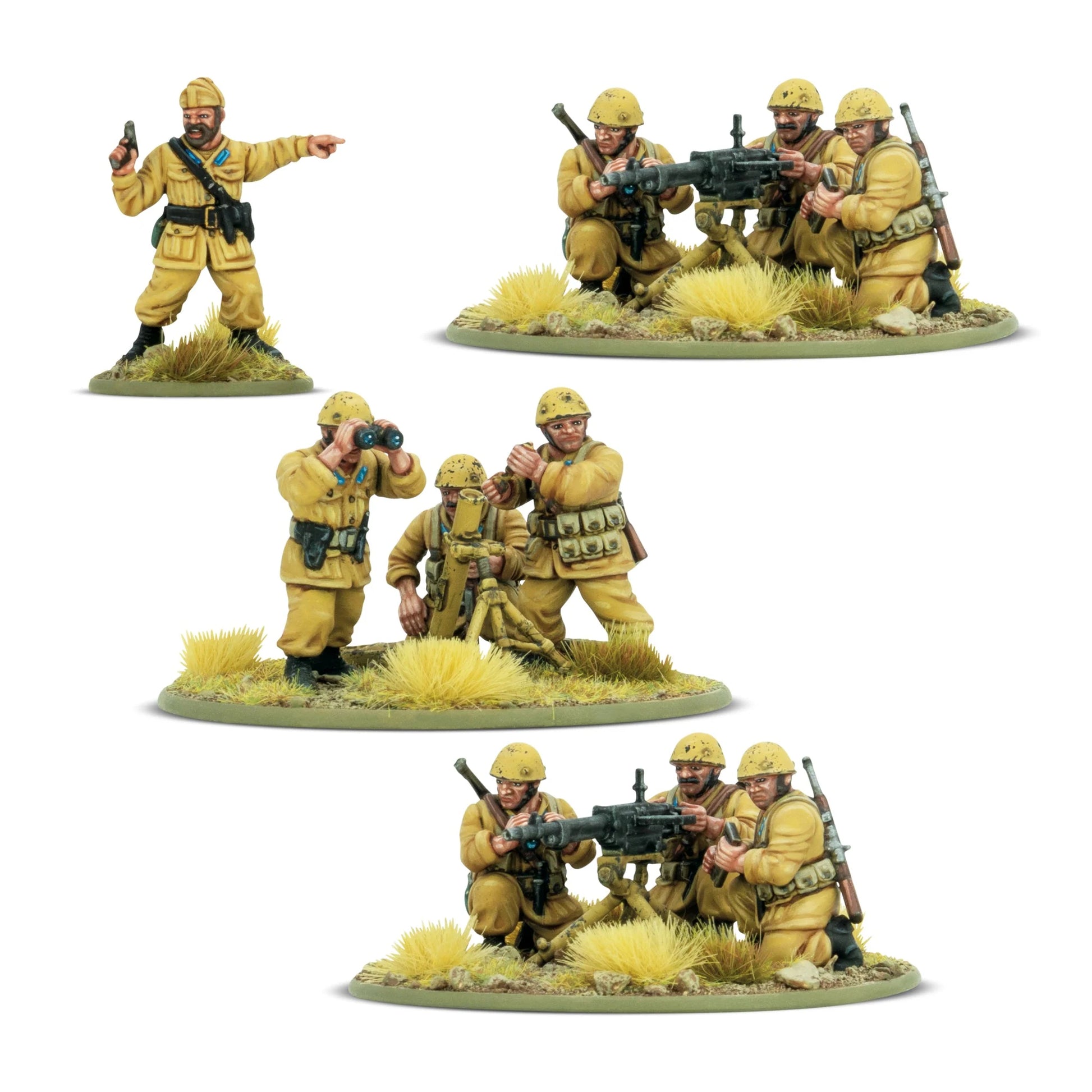 Lions of the Folgore – dowódca plutonu z pistoletem, zespół MMG Breda i zespół moździerza średniego: figurki żywiczne Paracadutisti w mundurach khaki M41, skala 28mm Bolt Action
