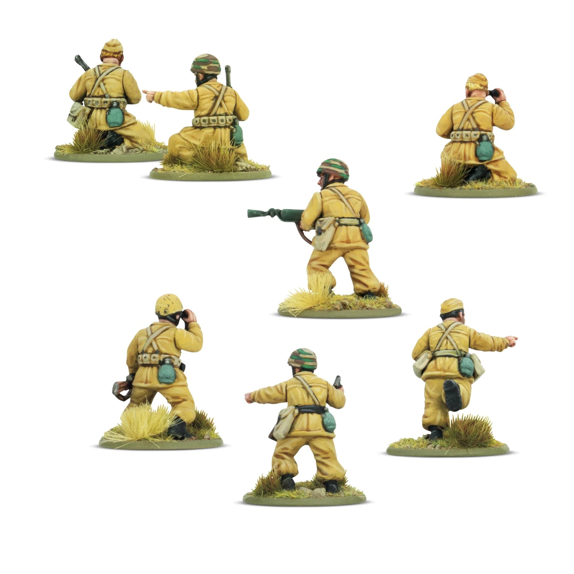 Lions of the Folgore – 6 figurek dowódców od tyłu: detale mundurów khaki M41, szelek desantowych i wyposażenia, hełmy kamuflażowe, skala 28mm Bolt Action
