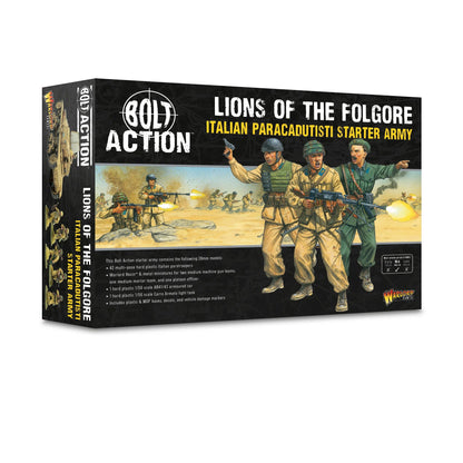 Lions of the Folgore – pudełko armii startowej Bolt Action: 42 figurki Paracadutisti, AB 41, Semovente/M13/40, MMG, moździerz, skala 28mm Warlord Games
