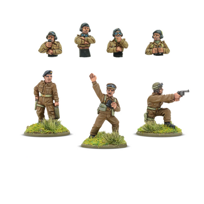 British Army Tank Crew Warlord Games – 4 figurki mounted (popiersia w hełmach pancernych) i 3 dismounted: dowódca z ręką w górze, strzelec z rewolwerem, oficer z aktówką, żywica 28mm