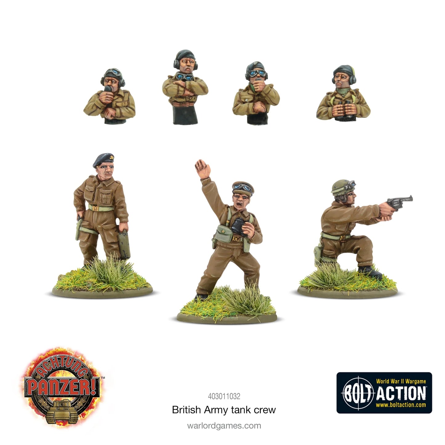British Army Tank Crew Warlord Games 403011032 – figurki załogi czołgów British Army widok z przodu: 4x mounted w hełmach pancernych, 3x dismounted, żywica 28mm Bolt Action