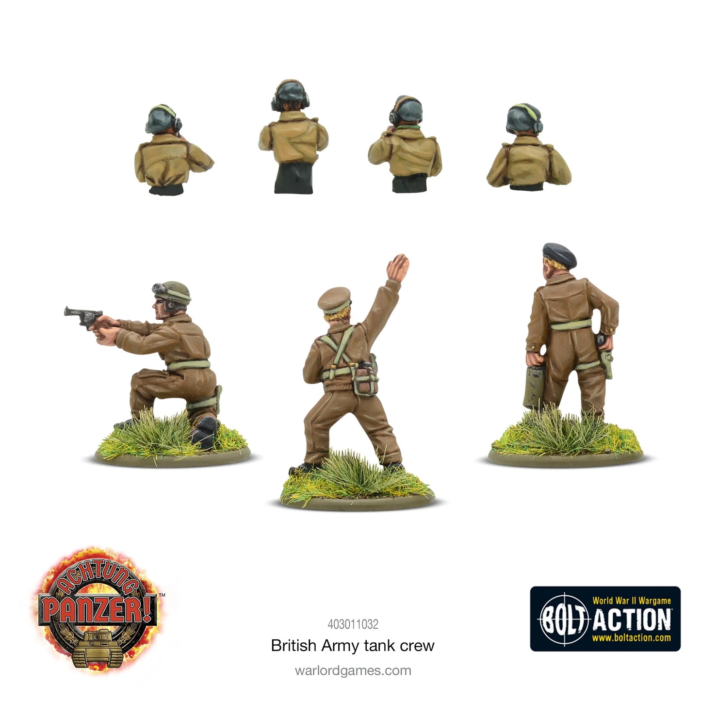 British Army Tank Crew Warlord Games – figurki załogi czołgów British Army widok z tyłu: detale mundurów i wyposażenia, żywica 28mm Bolt Action