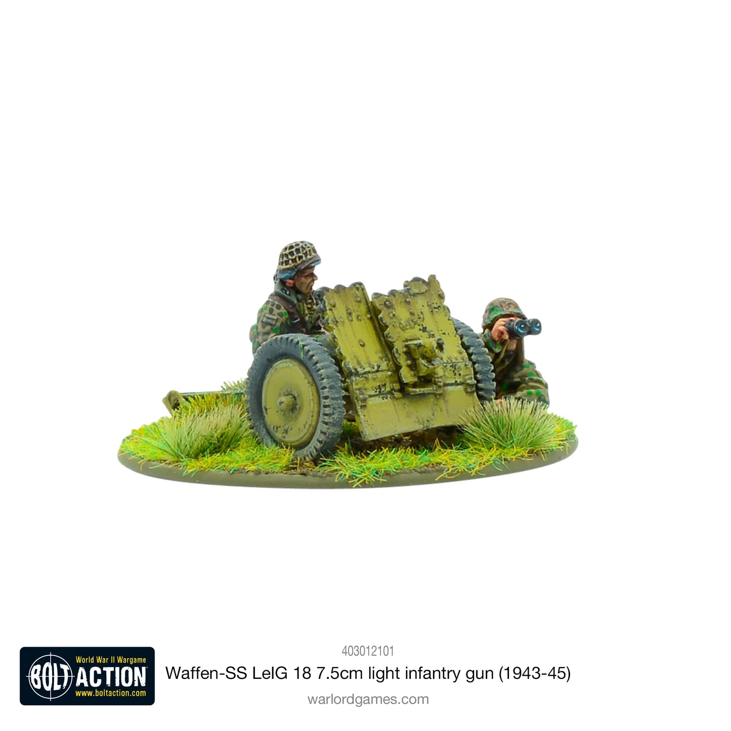 Waffen-SS LeIG 18 7.5cm Bolt Action - widok z prawej, działo 75mm na kołach, 2 figurki w kamuflażu SS z lornetką, tufty trawy, kod 403012101