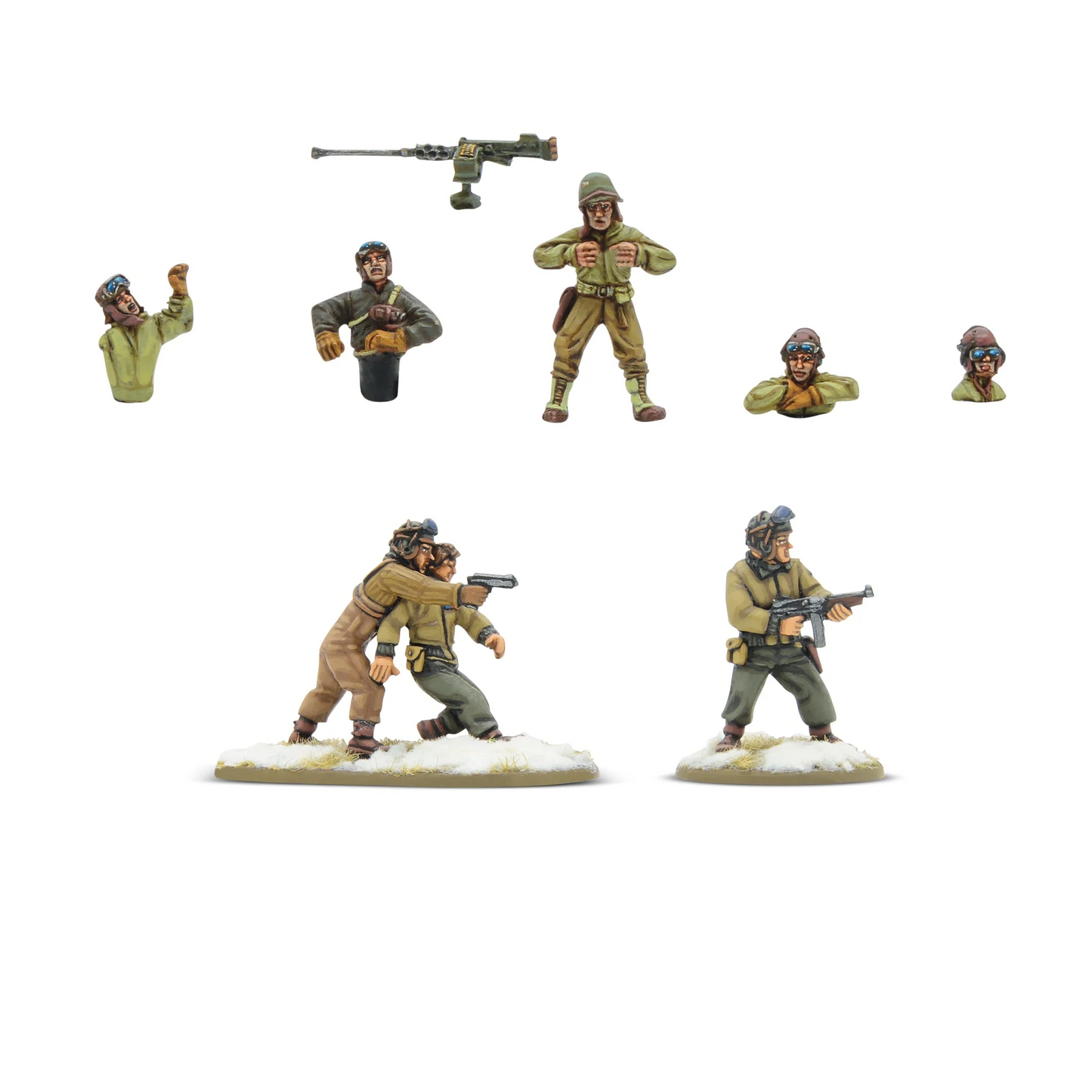 US Army Tank Crew Warlord Games – 4 figurki mounted, 1 strzelec HMG z karabinem maszynowym na podstawce, 3 dismounted: strzelec z pistoletem i żołnierz z SMG, żywica 28mm