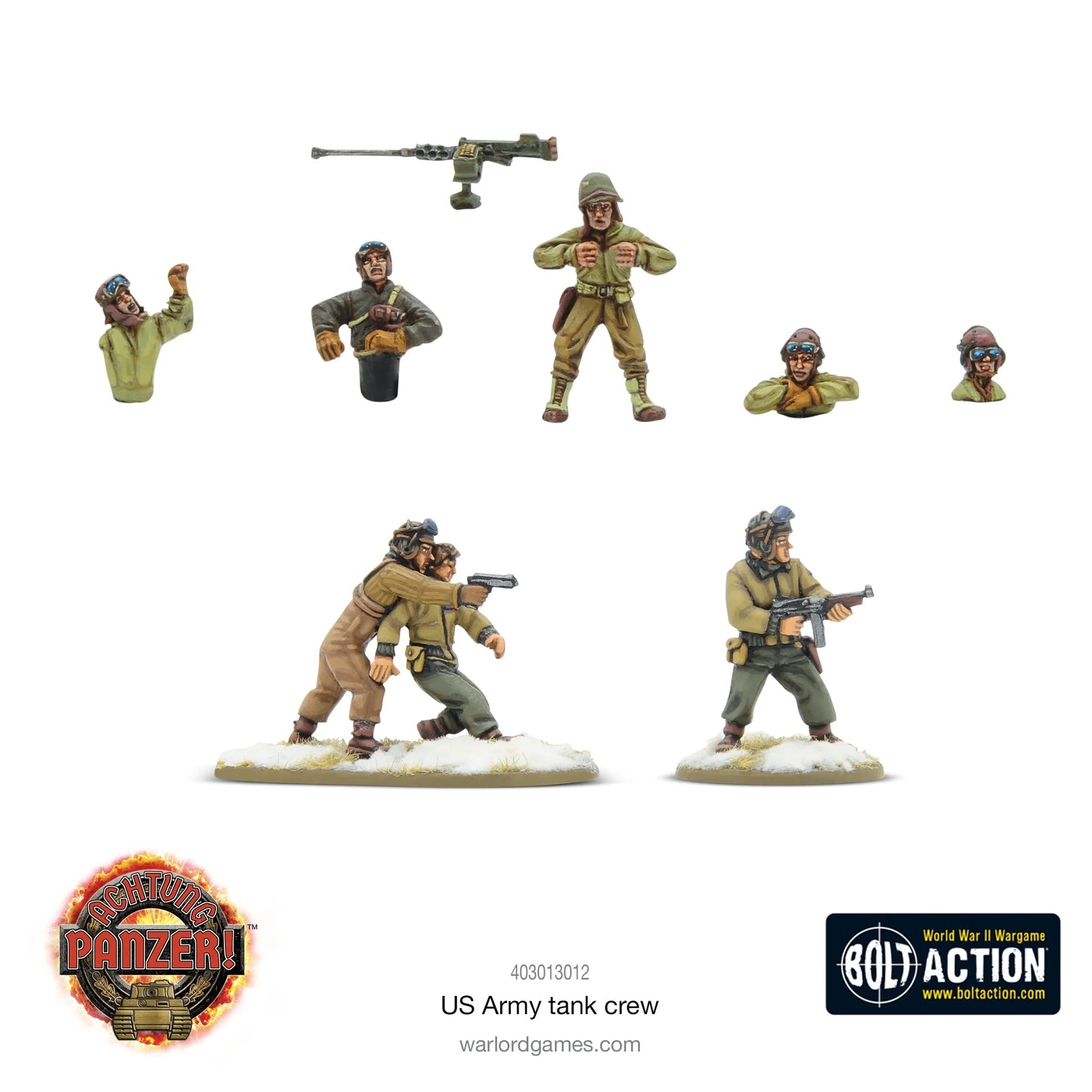 US Army Tank Crew Warlord Games – figurki załogi czołgów US Army widok z przodu: 4x mounted, HMG pintle-mounted, 3x dismounted, żywica 28mm Bolt Action