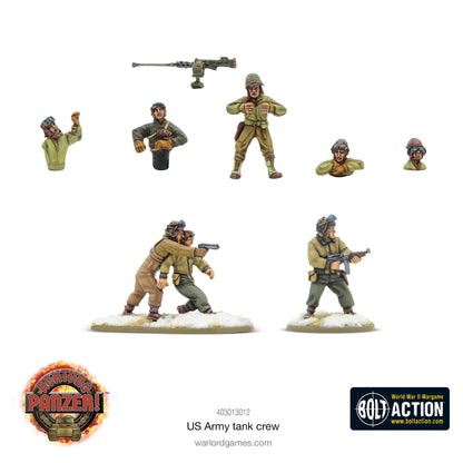 US Army Tank Crew Warlord Games – figurki załogi czołgów US Army widok z przodu: 4x mounted, HMG pintle-mounted, 3x dismounted, żywica 28mm Bolt Action