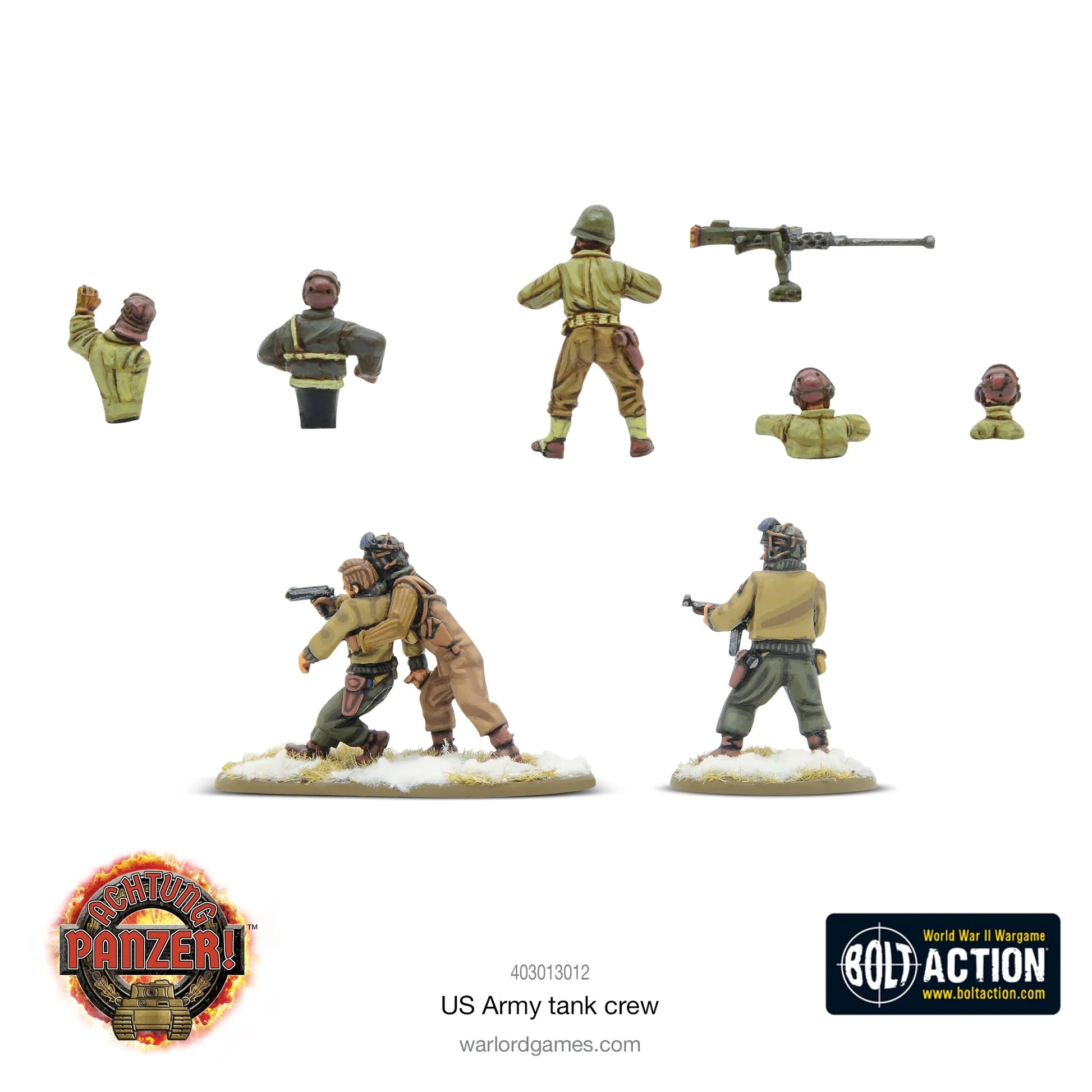 US Army Tank Crew Warlord Games – figurki załogi czołgów US Army widok z tyłu: detale kombinezonów pancernych i wyposażenia, żywica 28mm Bolt Action