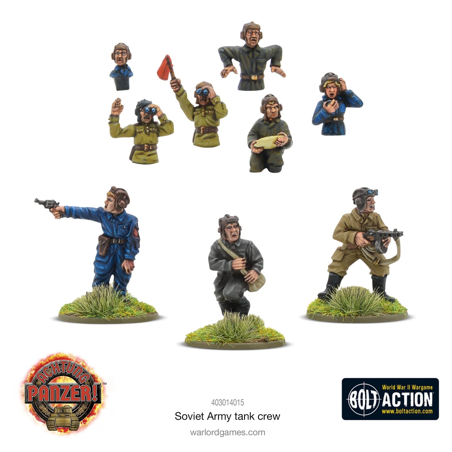 Soviet Army Tank Crew Warlord Games – figurki załogi czołgów Armii Czerwonej widok z przodu: 6x mounted w różnych pozach, 3x dismounted, żywica 28mm Bolt Action