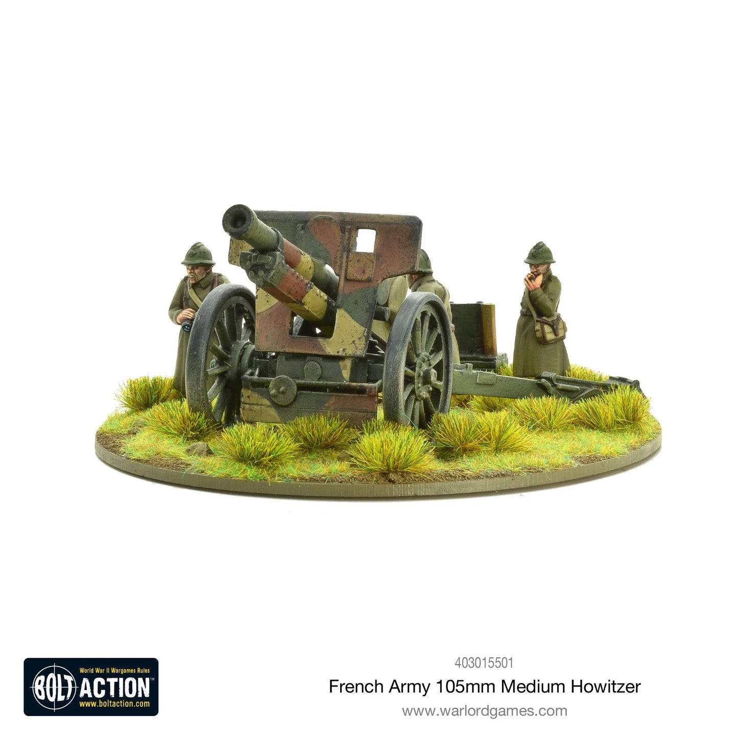 French Army 105mm Medium Howitzer – pomalowany model metalowy 28mm, czterech żołnierzy przy haubicy w kamuflażu, widok z boku lewego
