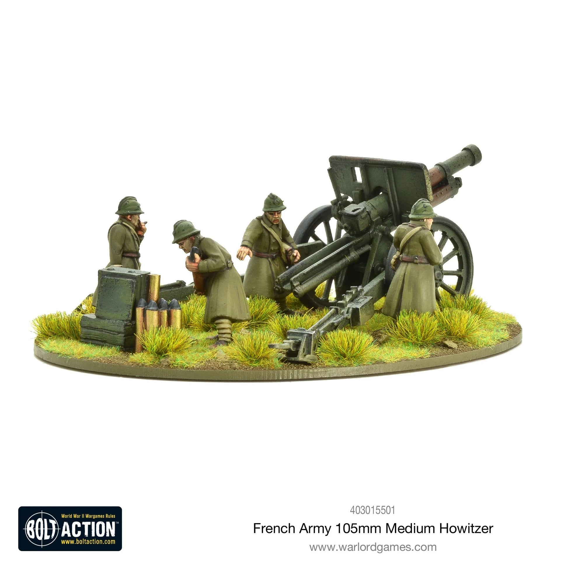 French Army 105mm Medium Howitzer – pomalowany model metalowy 28mm, czterech żołnierzy obsługujących haubicę, widok z boku prawego
