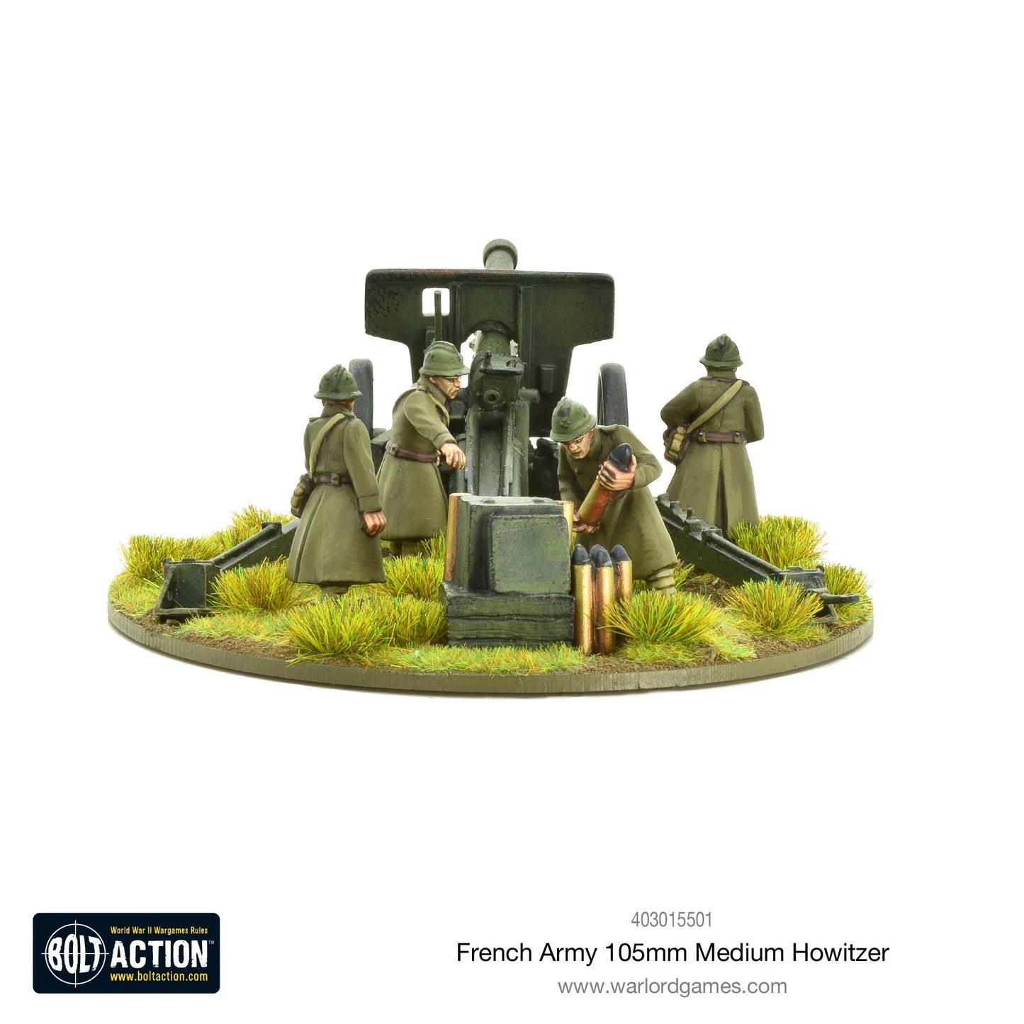 French Army 105mm Medium Howitzer – pomalowany model metalowy 28mm, widok z tyłu, czterech żołnierzy przy zamku haubicy z amunicją 105mm
