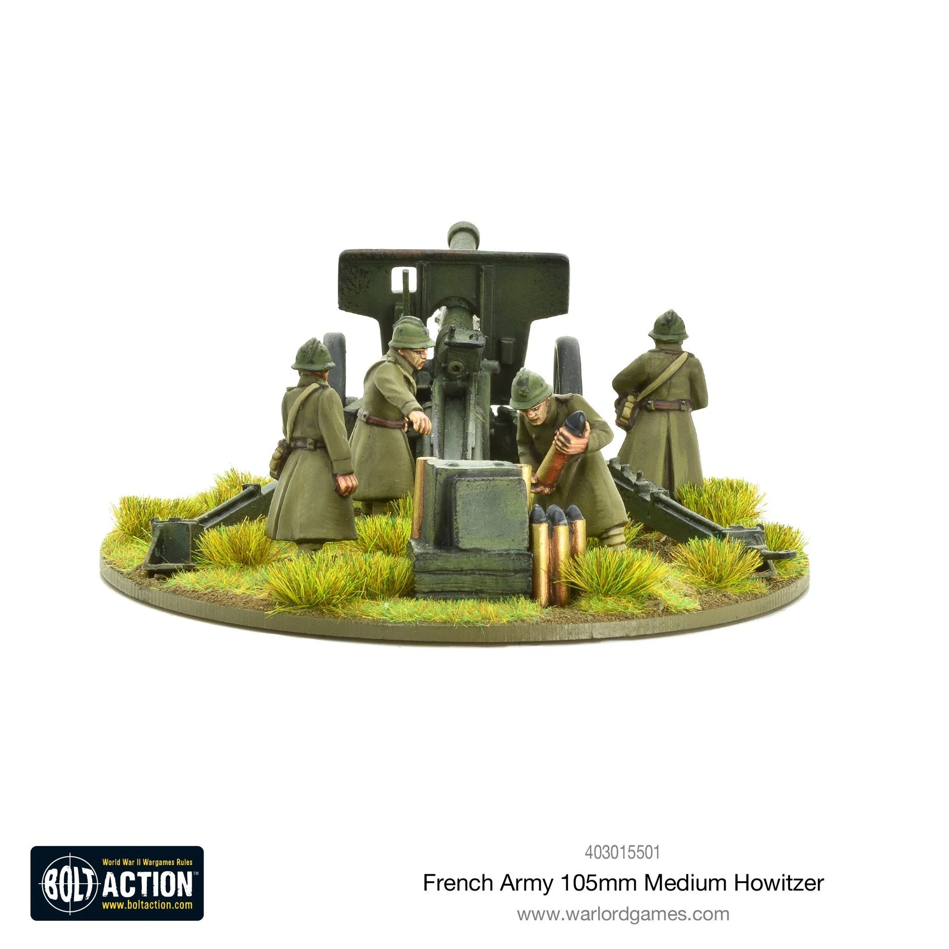 French Army 105mm Medium Howitzer – pomalowany model metalowy 28mm, widok z tyłu, czterech żołnierzy przy zamku haubicy z amunicją 105mm
