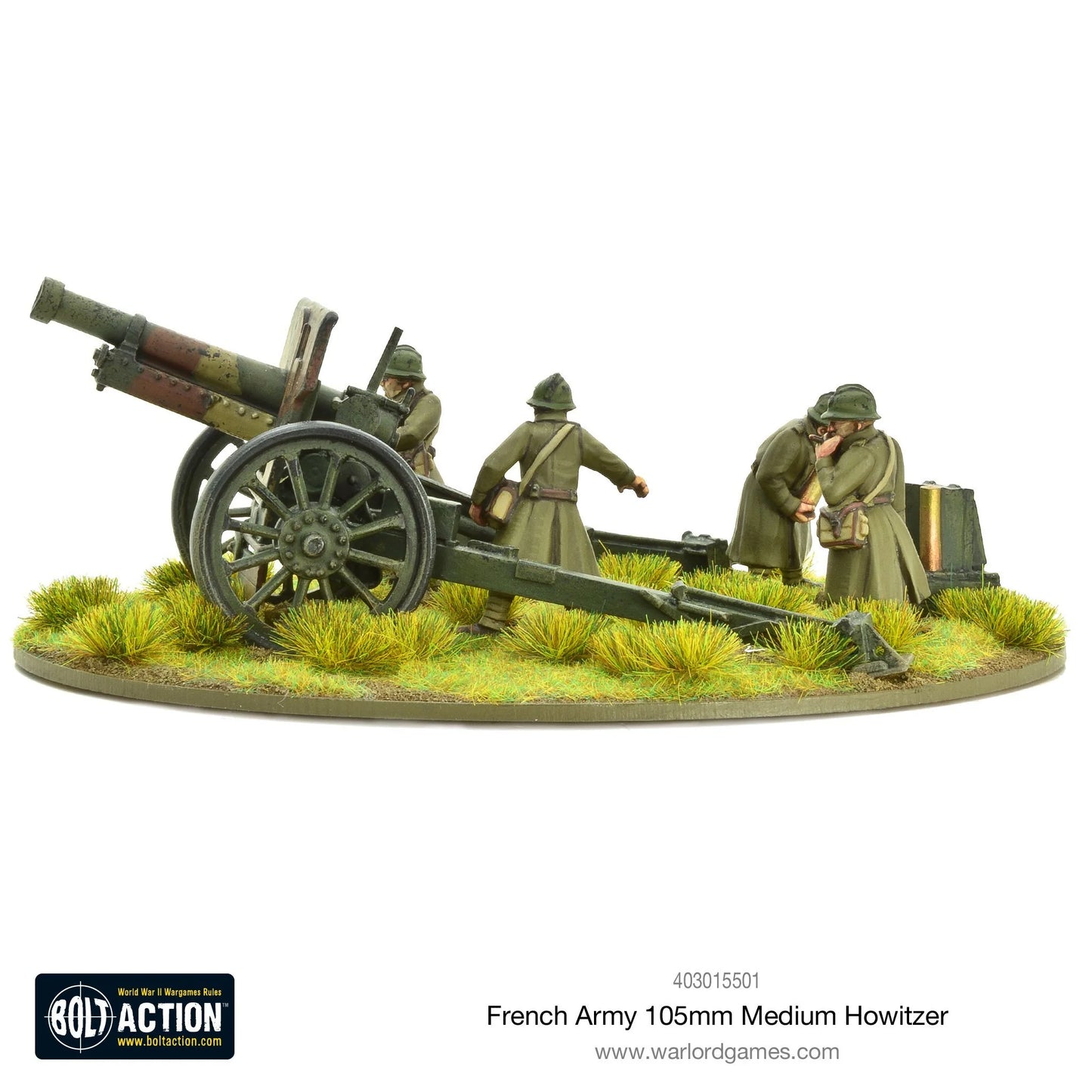French Army 105mm Medium Howitzer – pomalowany model metalowy 28mm, widok z boku lewego, trzech żołnierzy przy haubicy z amunicją i skrzynką
