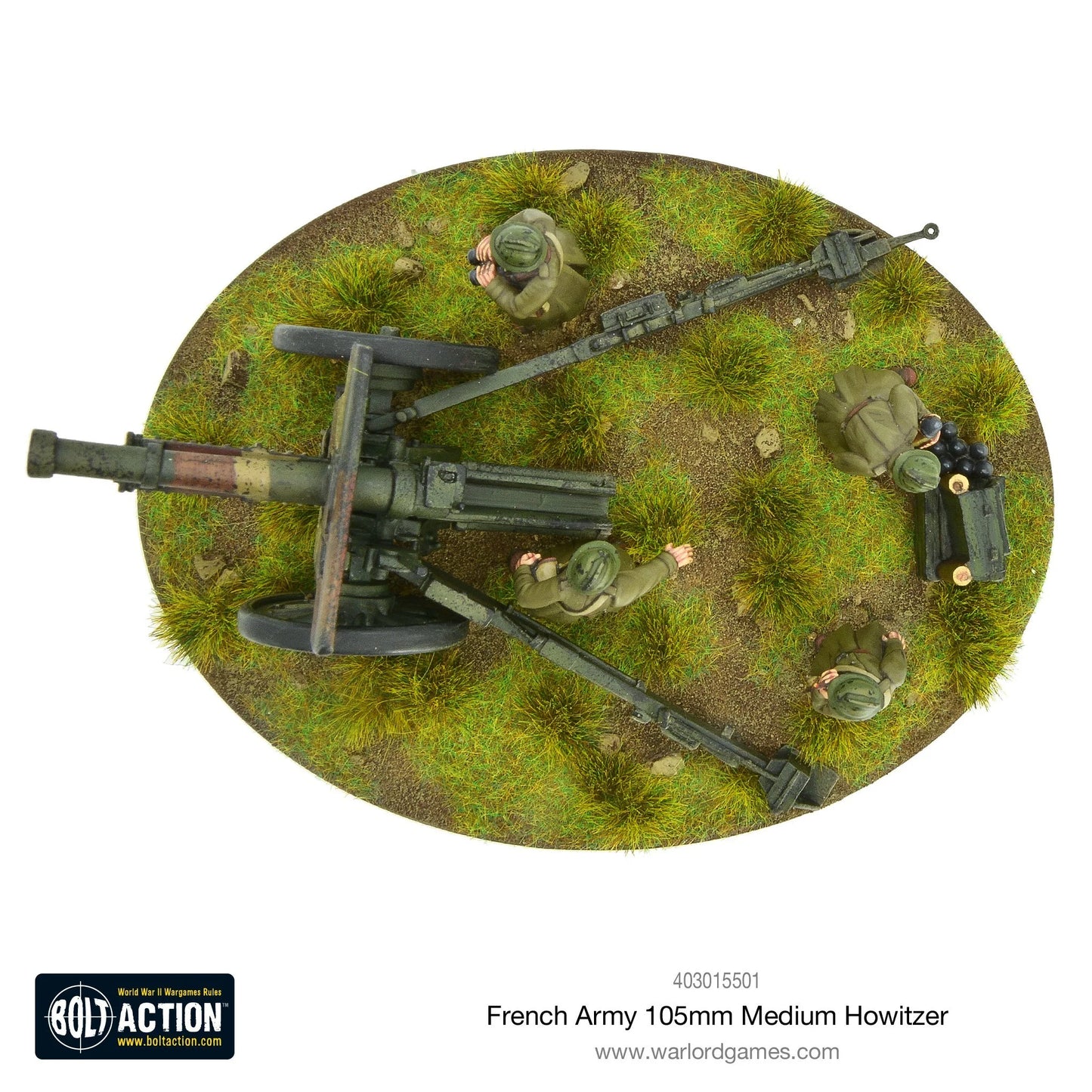 French Army 105mm Medium Howitzer – pomalowany model metalowy 28mm, widok z góry, haubica z czterema żołnierzami na owalnej podstawce MDF 120x92mm
