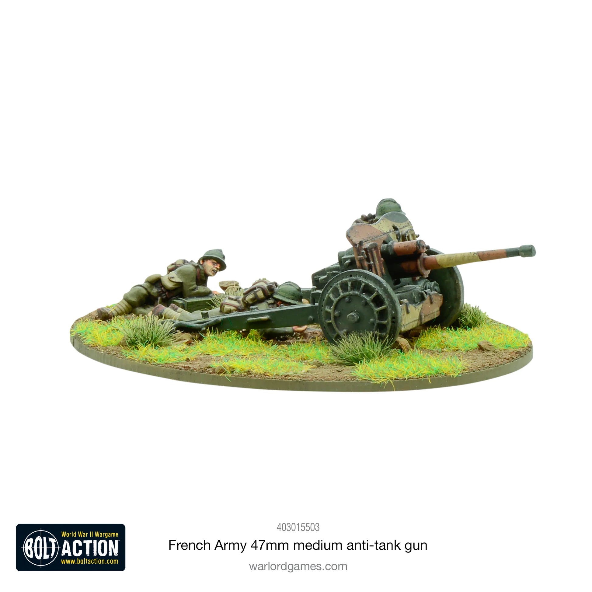 French Army 47mm Medium Anti-Tank Gun – pomalowany model metalowy 28mm, jeden żołnierz przy działku 47mm SA mle 1937, widok z boku prawego
