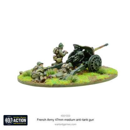 French Army 47mm Medium Anti-Tank Gun – pomalowany model metalowy 28mm, dwuosobowa obsługa przy działku 47mm, widok z tyłu, Bolt Action
