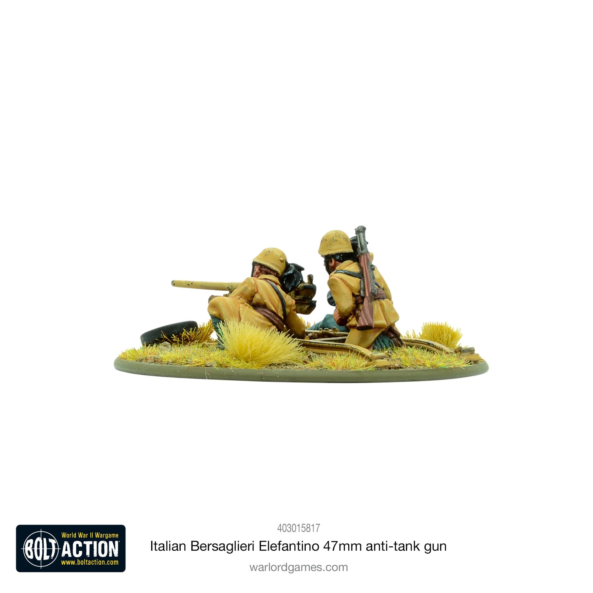 Italian Bersaglieri Elefantino 47mm anti-tank gun – widok z boku prawego, obsługa Bersaglieri w mundurach pustynnych, skala 28mm
