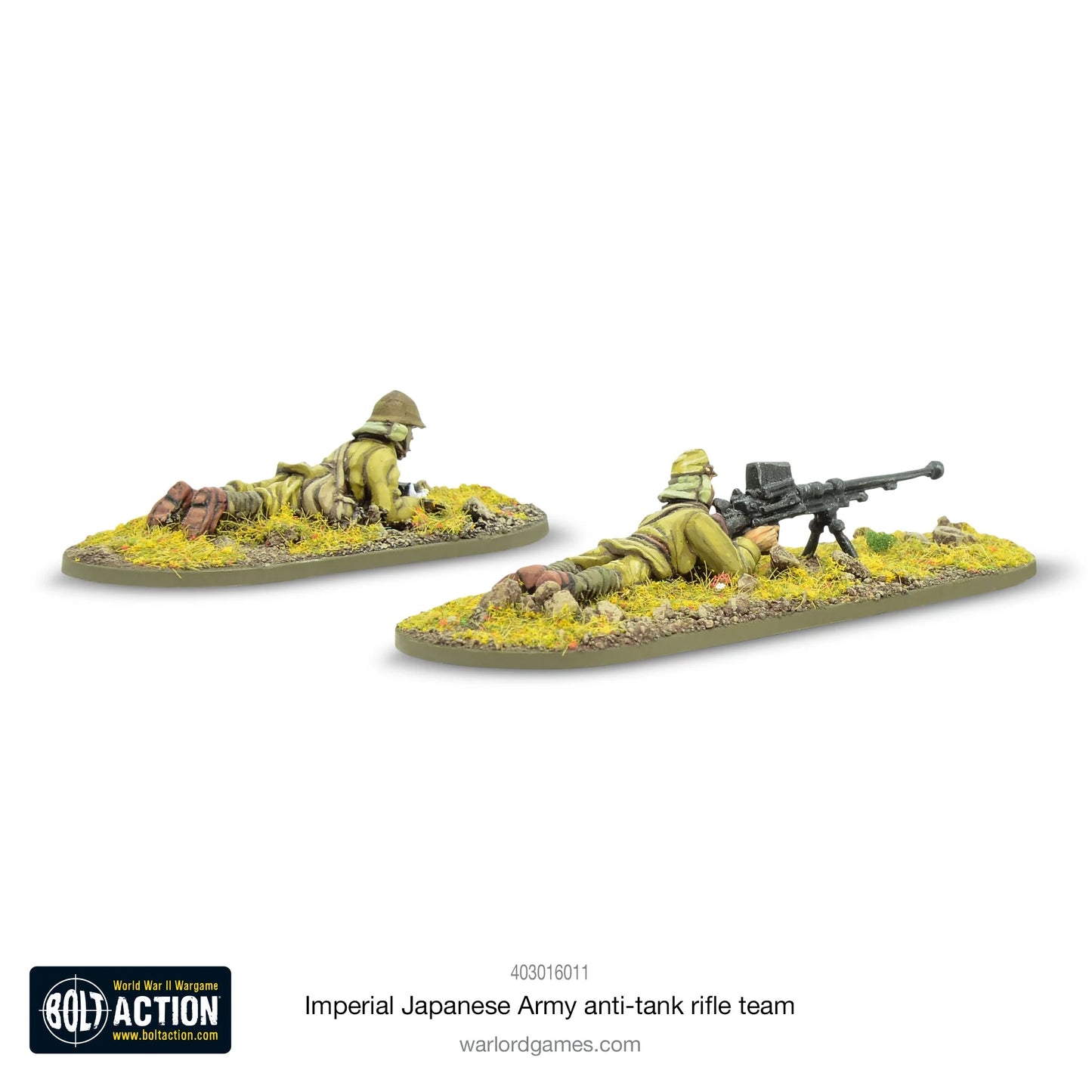 Japoński Zespół Karabinu Przeciwpancernego – widok z tyłu i lewej strony, dwie figurki leżące, model 28mm Bolt Action Warlord Games 403016011
