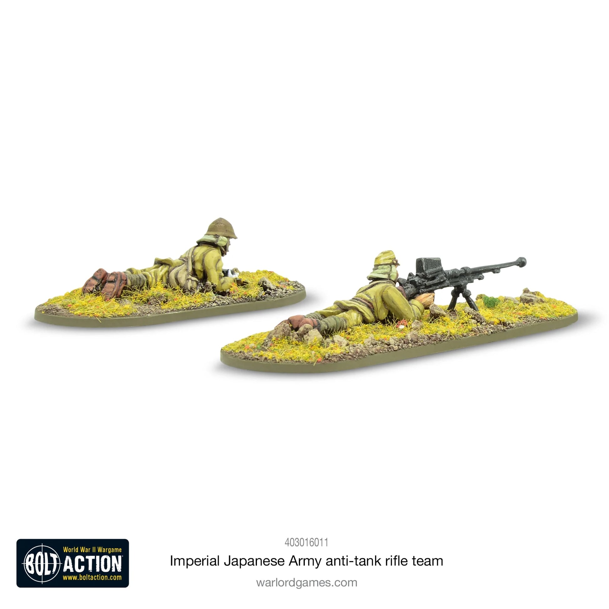 Japoński Zespół Karabinu Przeciwpancernego – widok z tyłu i lewej strony, dwie figurki leżące, model 28mm Bolt Action Warlord Games 403016011
