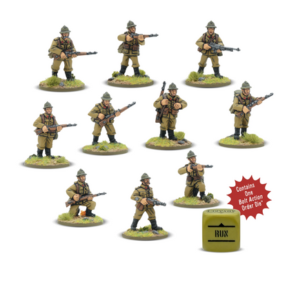 Belgian Army Infantry Squad Bolt Action 28mm - 10 figurek widok z przodu, mundury khaki, hełmy Adrian, karabiny Fusil 1889, FM30 LMG, kod 403017307