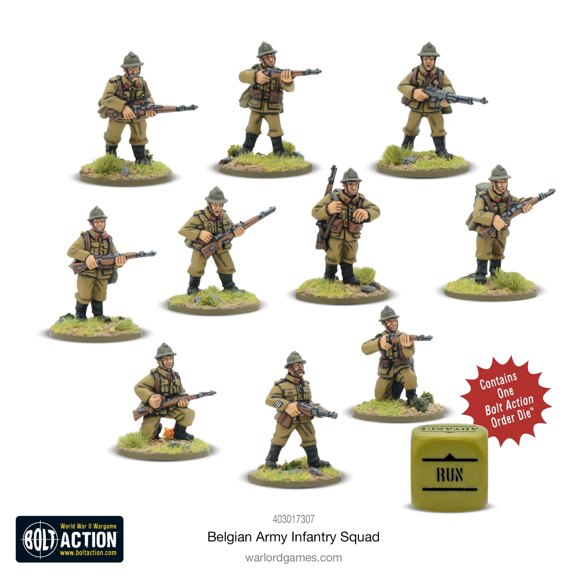 Belgian Army Infantry Squad Bolt Action - 10 figurek z logo Bolt Action, widok z przodu, mundury khaki, hełmy Adrian, kość rozkazów, kod 403017307