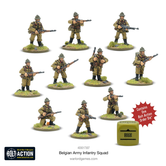 Belgian Army Infantry Squad Bolt Action - 10 figurek z logo Bolt Action, widok z przodu, mundury khaki, hełmy Adrian, kość rozkazów, kod 403017307