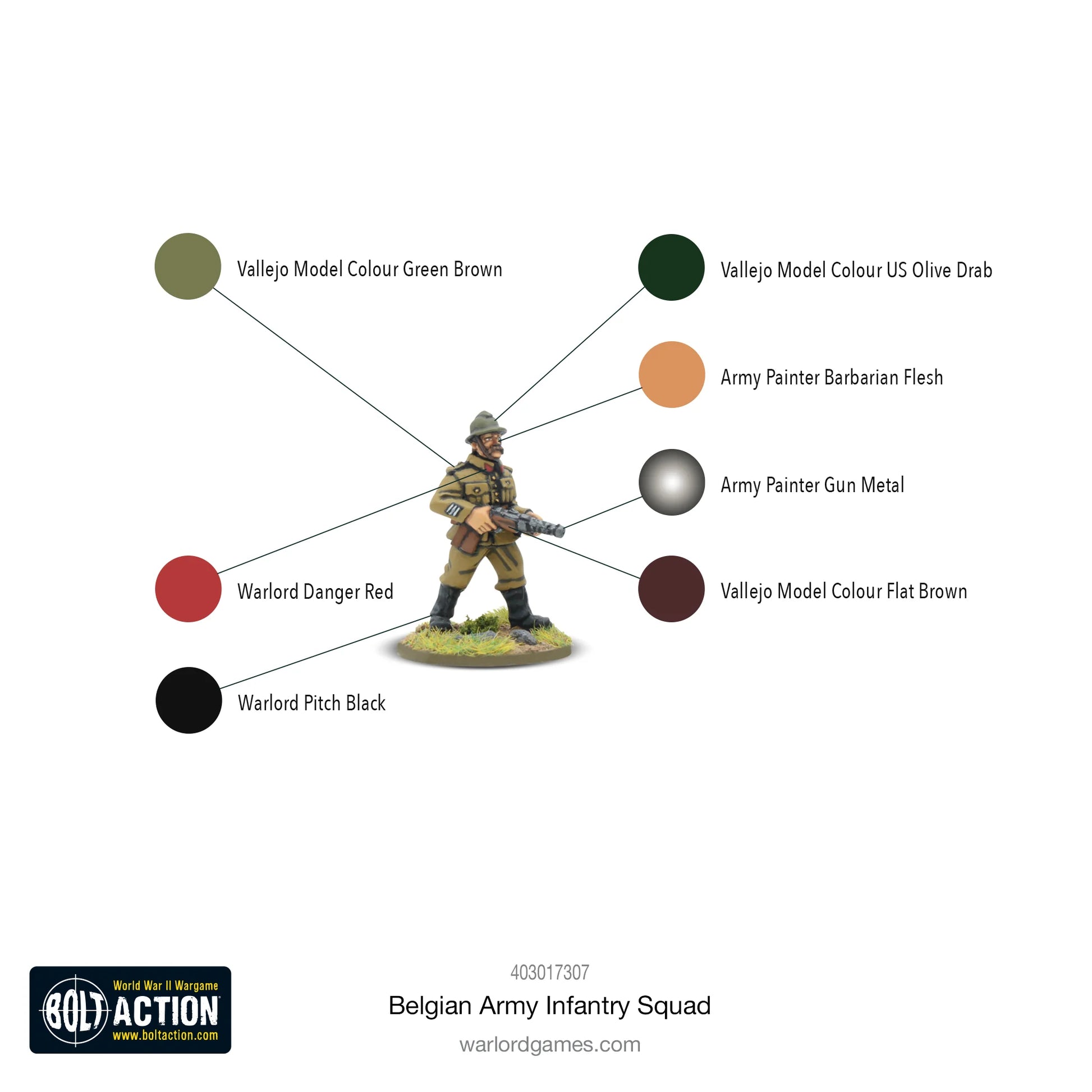 Belgian Army Infantry Squad Bolt Action - schemat malowania: Vallejo Green Brown, US Olive Drab, Army Painter Barbarian Flesh, Gun Metal, Warlord Danger Red, Flat Brown, Pitch Black, kod 403017307