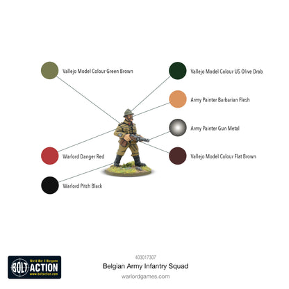 Belgian Army Infantry Squad Bolt Action - schemat malowania: Vallejo Green Brown, US Olive Drab, Army Painter Barbarian Flesh, Gun Metal, Warlord Danger Red, Flat Brown, Pitch Black, kod 403017307