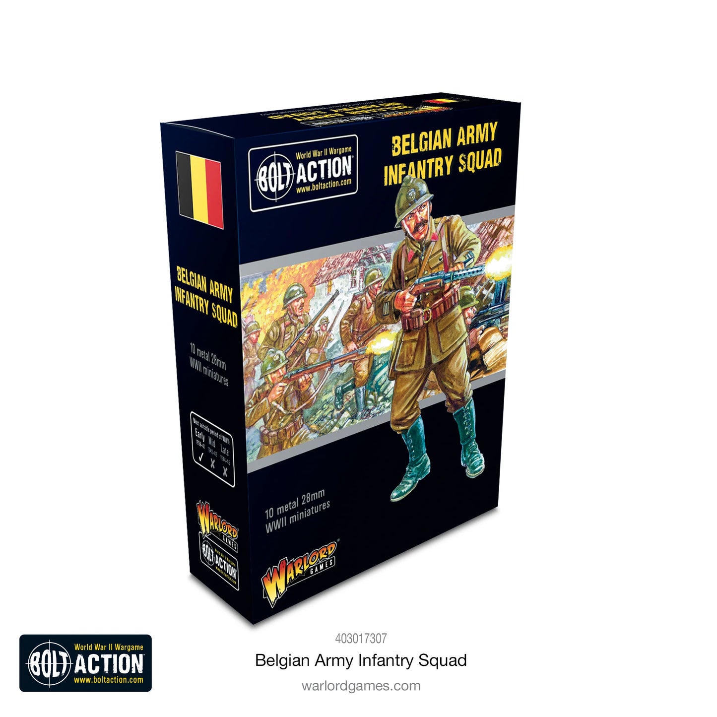 Belgian Army Infantry Squad Bolt Action - pudełko zestawu: granatowe, napis BELGIAN ARMY INFANTRY SQUAD, flaga Belgii, logo Bolt Action i Warlord Games, 10 metal 28mm WWII miniatures, znacznik Early war, kod 403017307