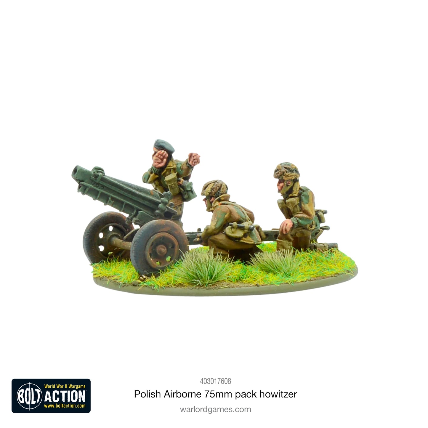 Polska Haubica Desantowa 75mm – widok z boku, obsługa przy armata, model 28mm Bolt Action Warlord Games
