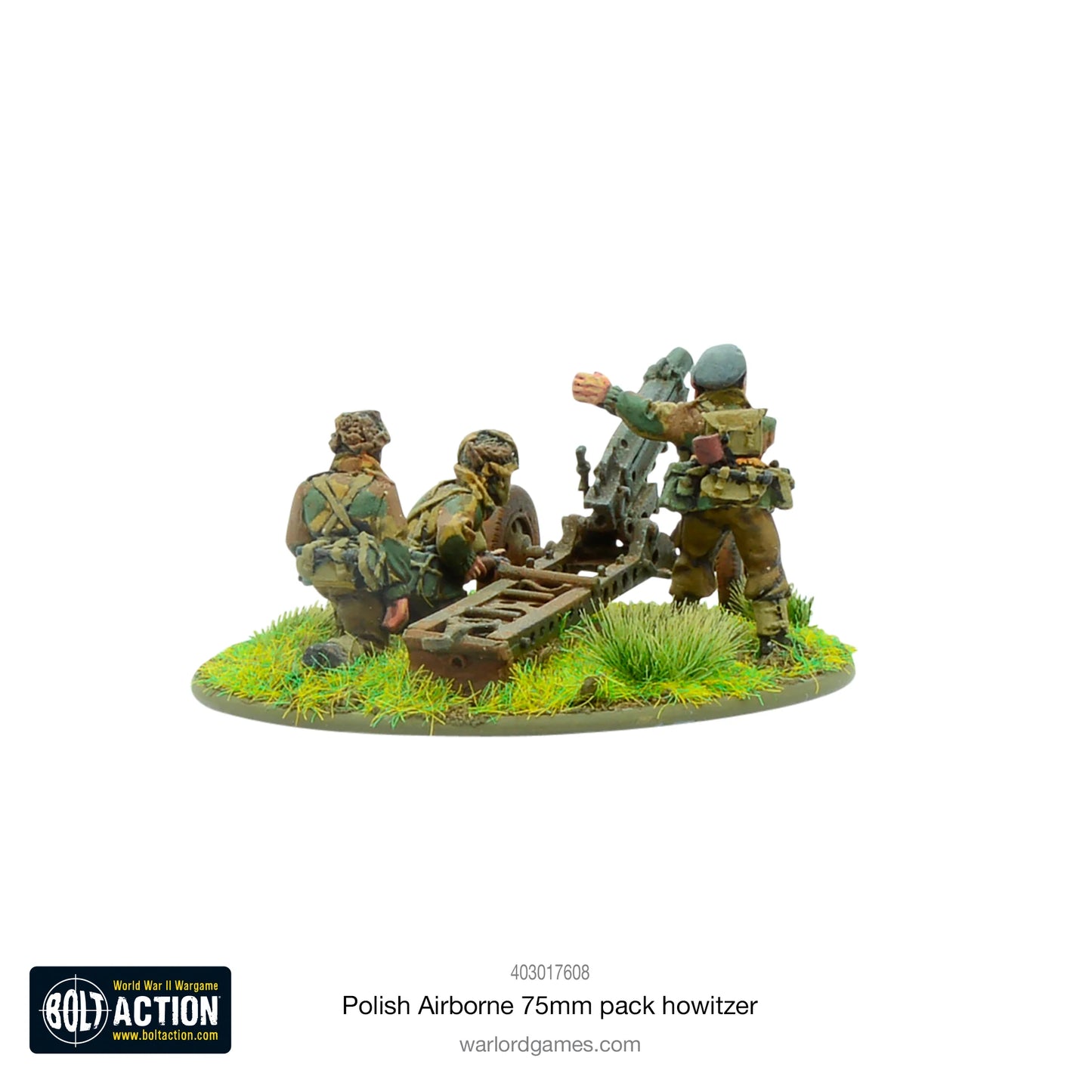 Polska Haubica Desantowa 75mm – widok z przodu, szprychowe koła i lufa, model 28mm Bolt Action Warlord Games
