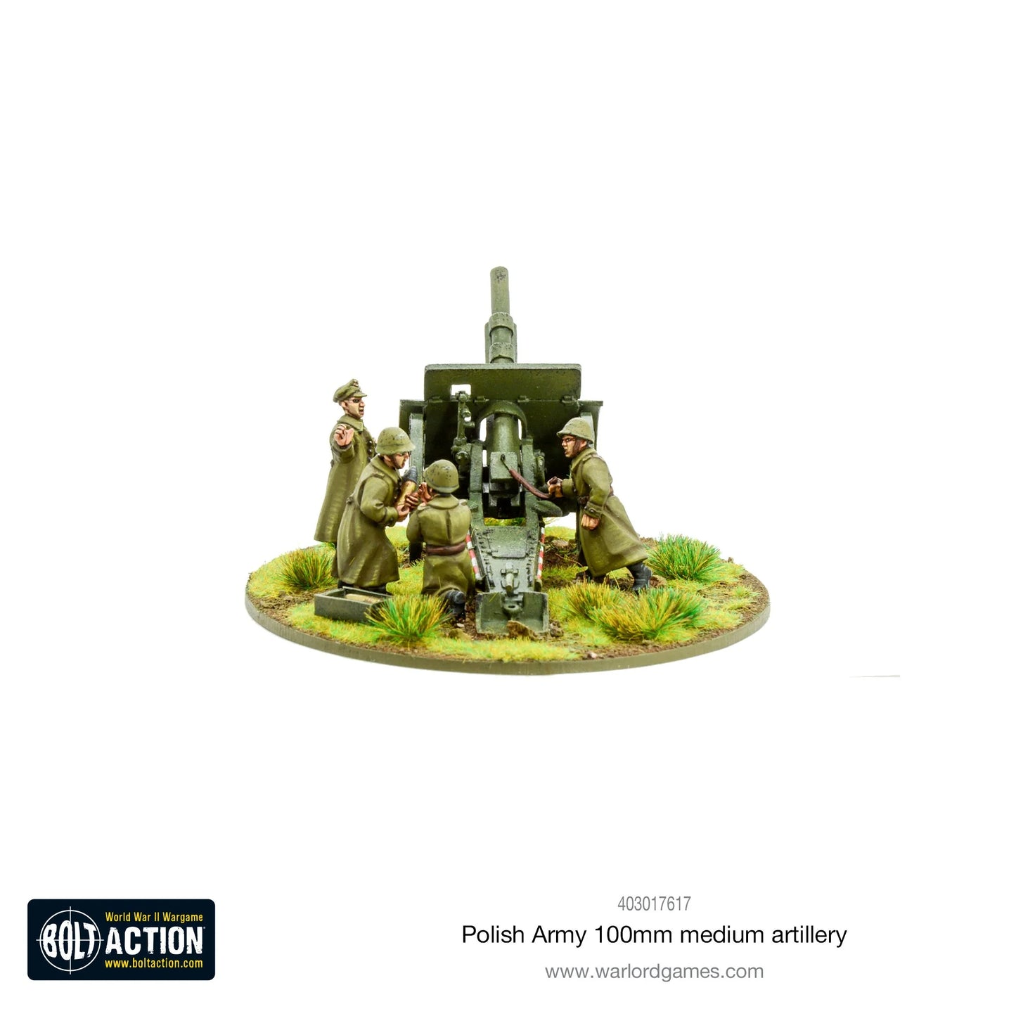 Polska Artyleria 100mm – widok z tyłu, czteroosobowa obsługa przy haubicy, model 28mm Bolt Action Warlord Games
