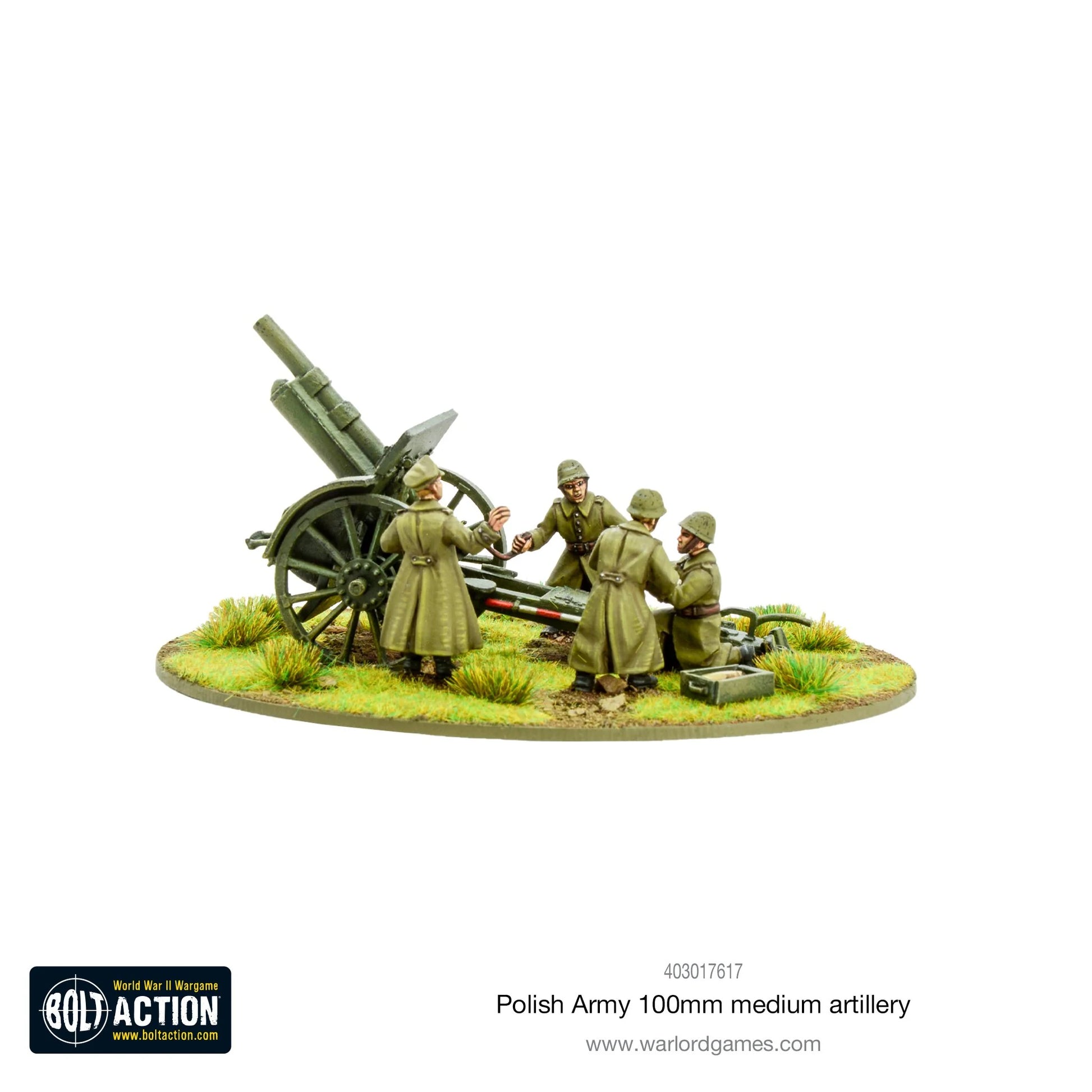 Polska Artyleria 100mm – widok z prawej strony, obsługa ładująca haubicę, model 28mm Bolt Action Warlord Games

