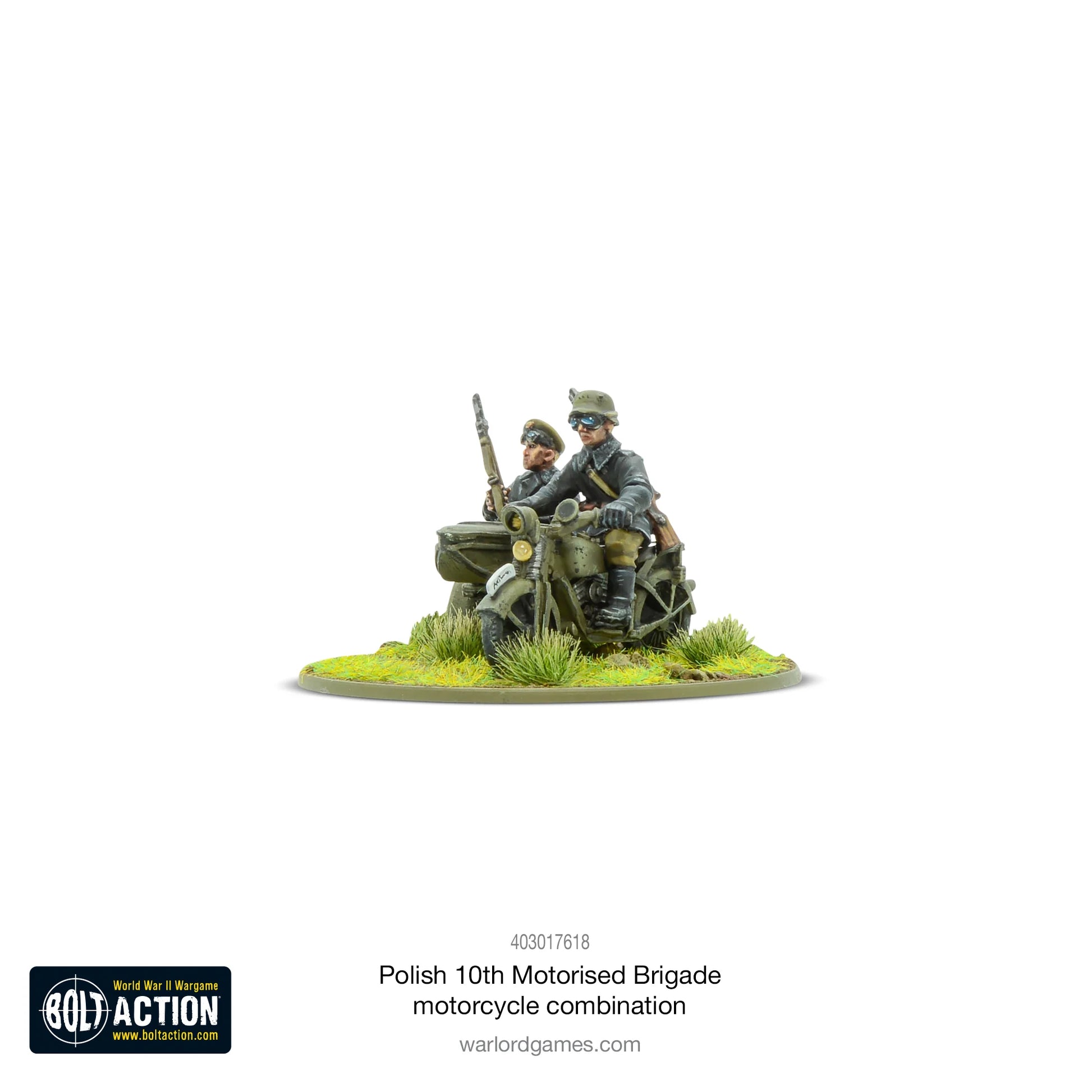 10. Brygada Kawalerii Zmotoryzowanej – motocykl z koszem, widok z przodu i góry, kierowca w hełmie i gogle, model 28mm Bolt Action Warlord Games
