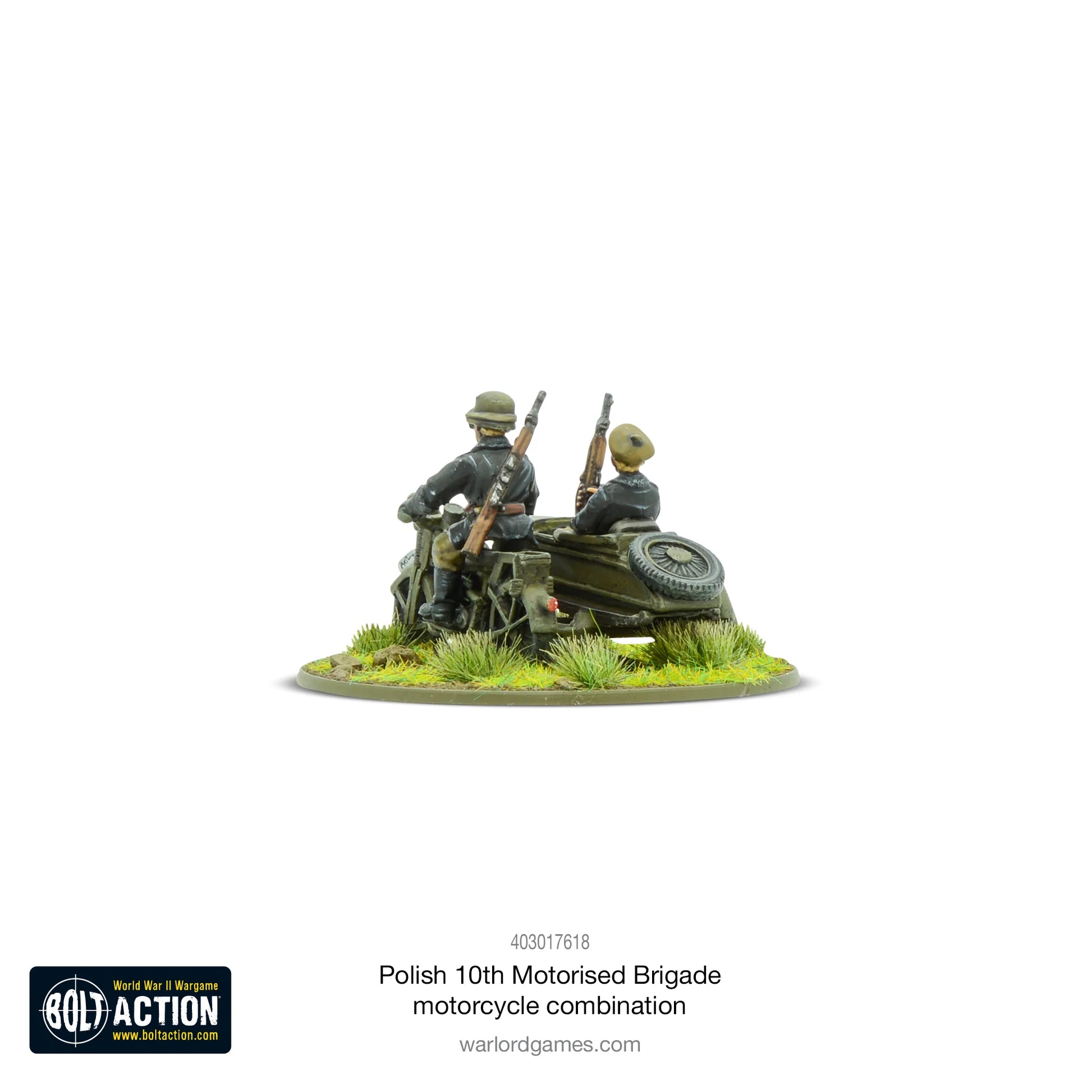 10. Brygada Kawalerii Zmotoryzowanej – motocykl z koszem, widok z tyłu, dwaj żołnierze z karabinami, model 28mm Bolt Action Warlord Games 403017618
