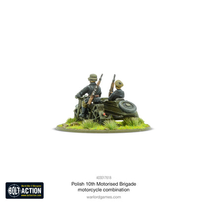 10. Brygada Kawalerii Zmotoryzowanej – motocykl z koszem, widok z tyłu, dwaj żołnierze z karabinami, model 28mm Bolt Action Warlord Games 403017618
