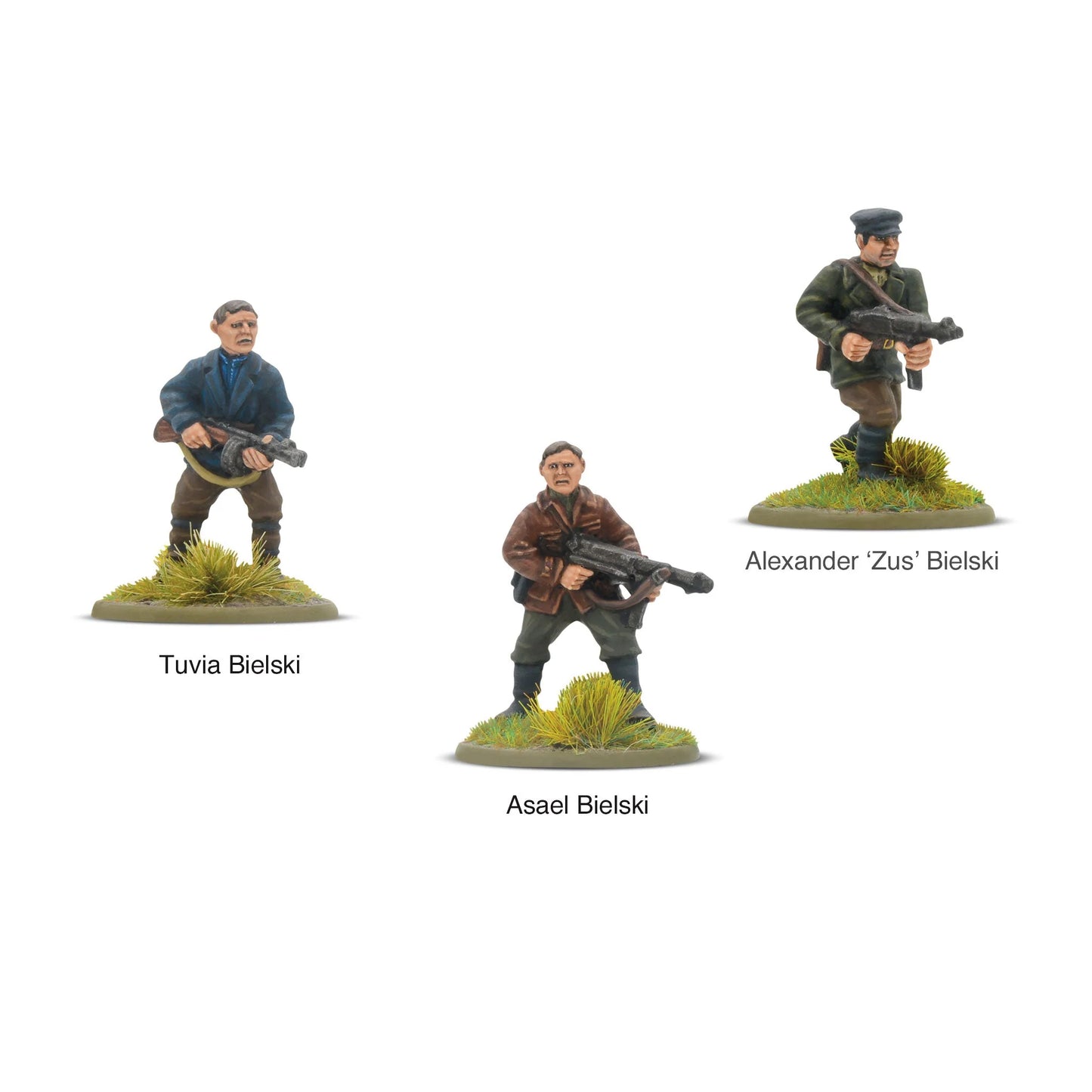 Bracia Bielski Bolt Action 28mm - widok z przodu, 3 figurki: Tuvia Bielski w niebieskiej kurtce z PPSh, Asael Bielski w brązowej kurtce z PPSh, Alexander Zus Bielski w mundurze z czapką i PPSh, tufty trawy, kod 403214001