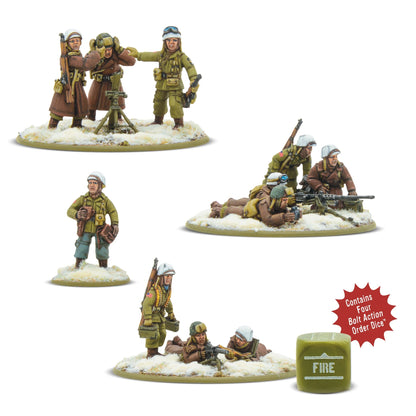 Heavy Weapons Platoon Bolt Action Warlord Games - 4 pomalowane zestawy figurek 28mm: zespół moździerza średniego (3 figurki w zimowych mundurach oliwkowych i brązowych płaszczach na śnieżnej podstawce), oficer (1 figurka stojąca), zespół MMG .30 cal (3 figurki leżące i klęczące), zespół HMG .50 cal (3 figurki leżące i klęczące), białe czapki zimowe, śnieżne podstawki, zielona kość rozkazu Bolt Action FIRE, napis "Contains Four Bolt Action Order Dice"