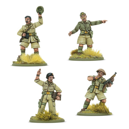 British 8th Army Platoon Commanders – 4 figurki od frontu: oficer unoszący hełm, oficer w koszuli khaki wskazujący cel, oficer w czarnym berecie z notatnikiem i NCO z Bren Gun w tropikalnych mundurach, skala 28mm Bolt Action
