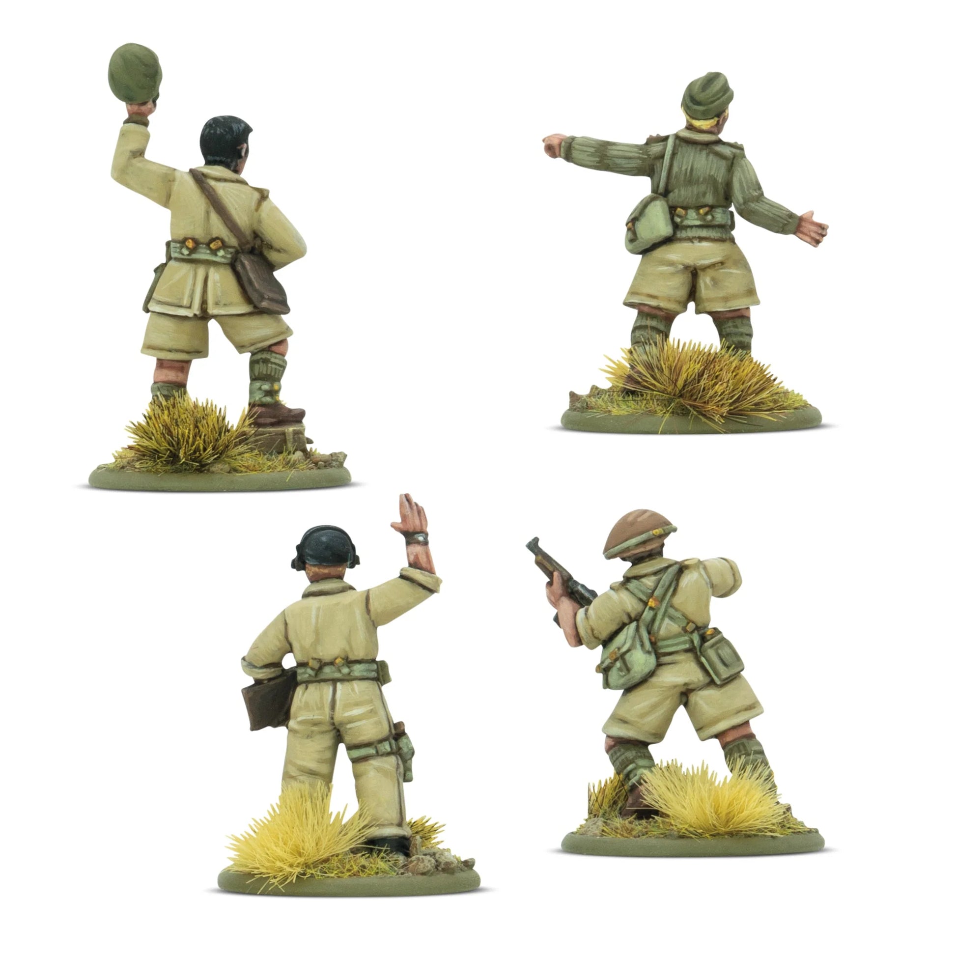 British 8th Army Platoon Commanders – 4 figurki od tyłu: detale tropikalnych mundurów KD, pasów i wyposażenia dowódców 8. Armii, skala 28mm Bolt Action
