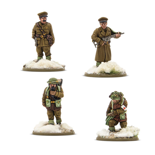 British Canadian Winter HQ Bolt Action 28mm - 4 figurki oficer medyk radiooperator z przodu, 403201005
