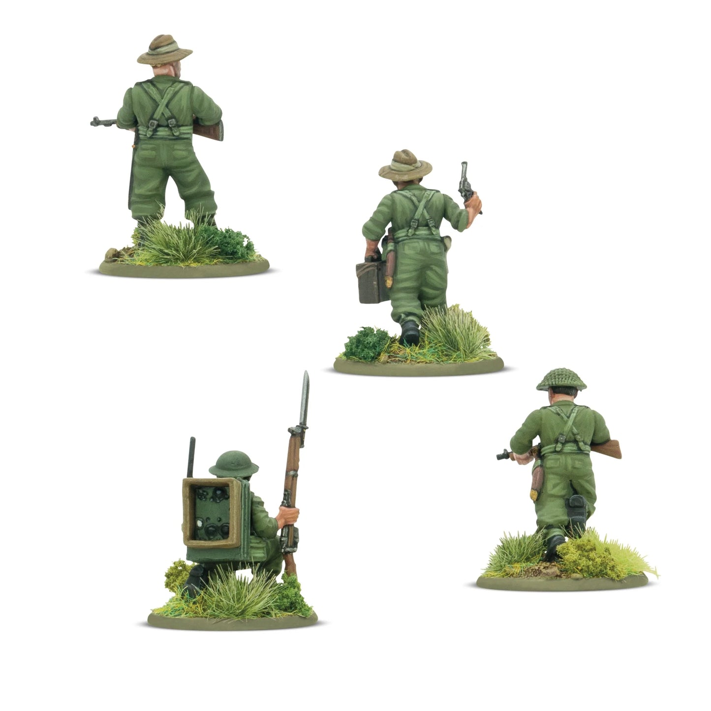 Warlord Games Gurkha HQ – 4 figurki Warlord Resin 28mm od tyłu: oficer w kapeluszu ze Stenem, medyk w kapeluszu z pistoletem i apteczką, łącznościowiec z radiem plecakowym i karabinem z bagnetem, oficer w hełmie z Bren LMG, detale wyposażenia Bolt Action