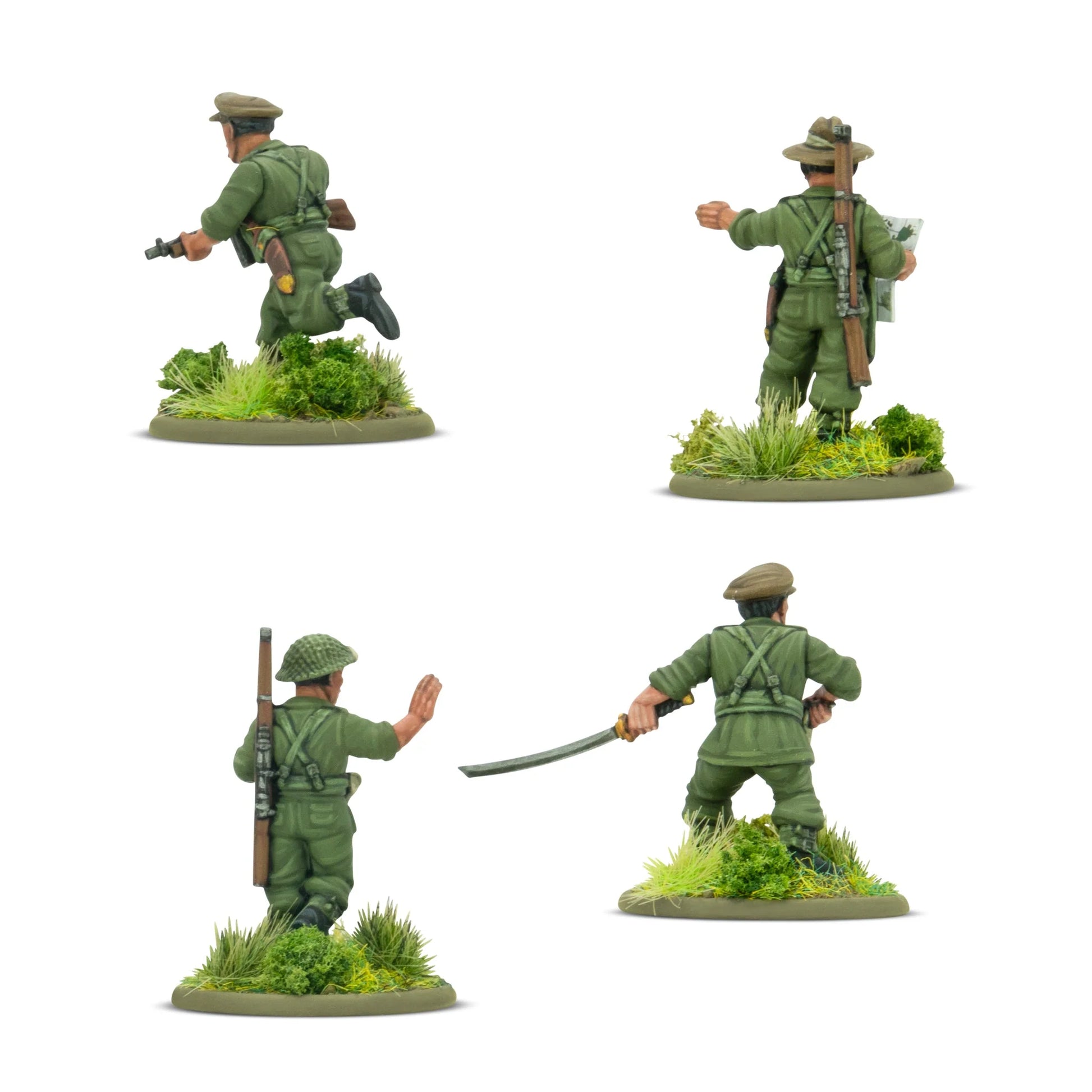Warlord Games Gurkha Platoon Commanders – 4 figurki Warlord Resin 28mm od tyłu: oficer w berecie biegnący ze Stenem, oficer w kapeluszu z mapą wskazujący kierunek, sierżant w hełmie z karabinem i gestem stop, oficer w berecie z japońską szablą Shin Gunto, detale wyposażenia Bolt Action