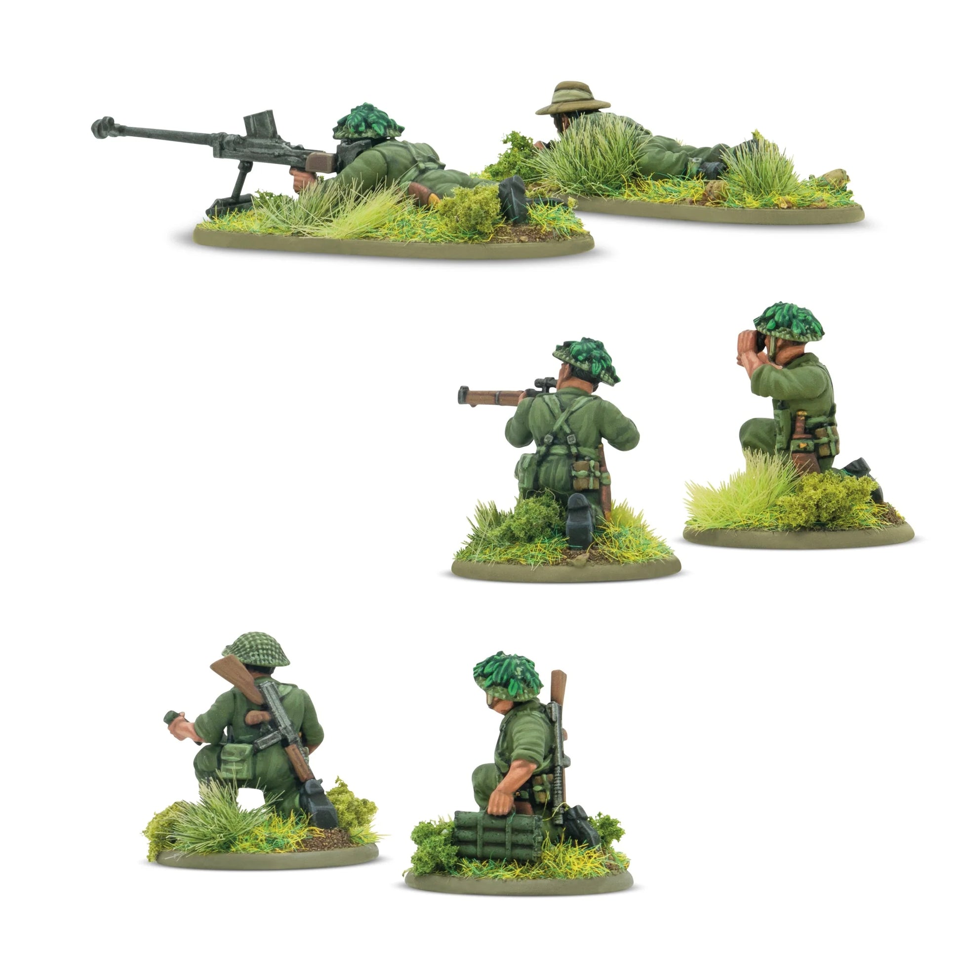 Warlord Games Gurkha Weapon Teams – widok od tyłu: zespół karabinu Boys leżący, zespół snajperski klęczący i zespół moździerza 2-calowego klęczący, detale plecaków i wyposażenia 28mm Bolt Action