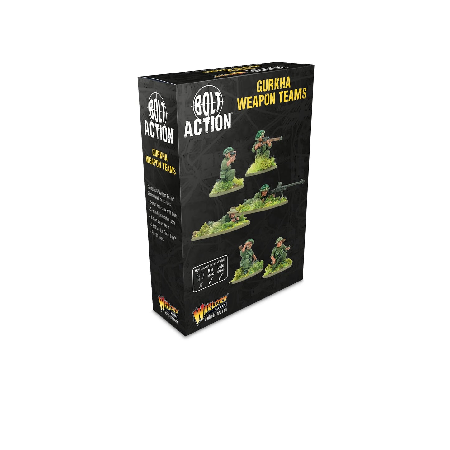 Warlord Games Gurkha Weapon Teams – pudełko Bolt Action Gurkha Weapon Teams: 8 figurek Warlord Resin 28mm – zespół karabinu Boys, zespół moździerza lekkiego 2-calowego, zespół snajperski, 3 kości rozkazu i podstawki